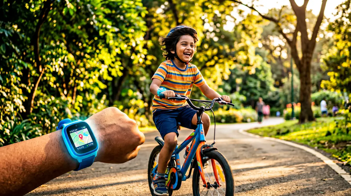 Child riding bike wearing KidoTrack